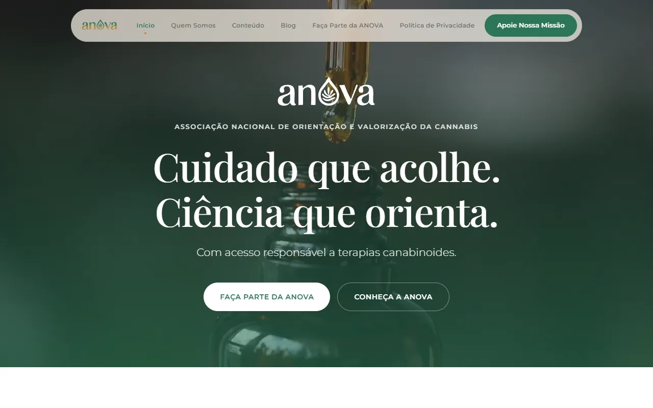Tela inicial do site da ANOVA, com a frase Cuidado que acolhe, ciência que orienta