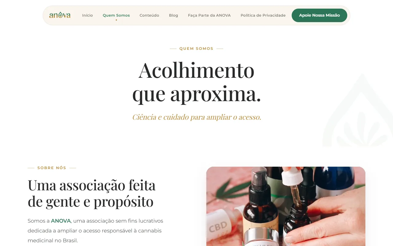 Página Quem somos da ANOVA, com o título Acolhimento que aproxima