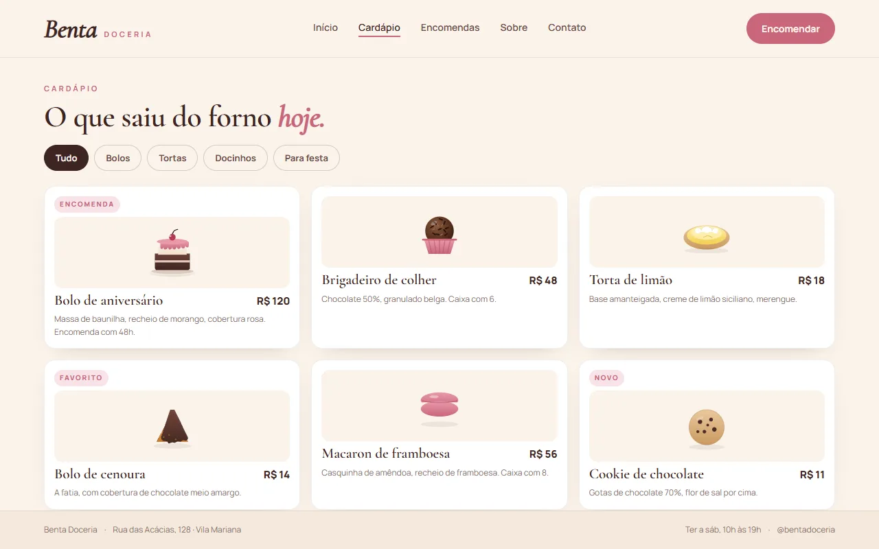 Página de cardápio com seis doces ilustrados em cartões, com descrição e preço, e abas por categoria