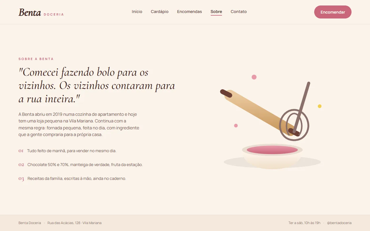 Página sobre a doceria, com uma citação em itálico, a história e a ilustração da cozinha