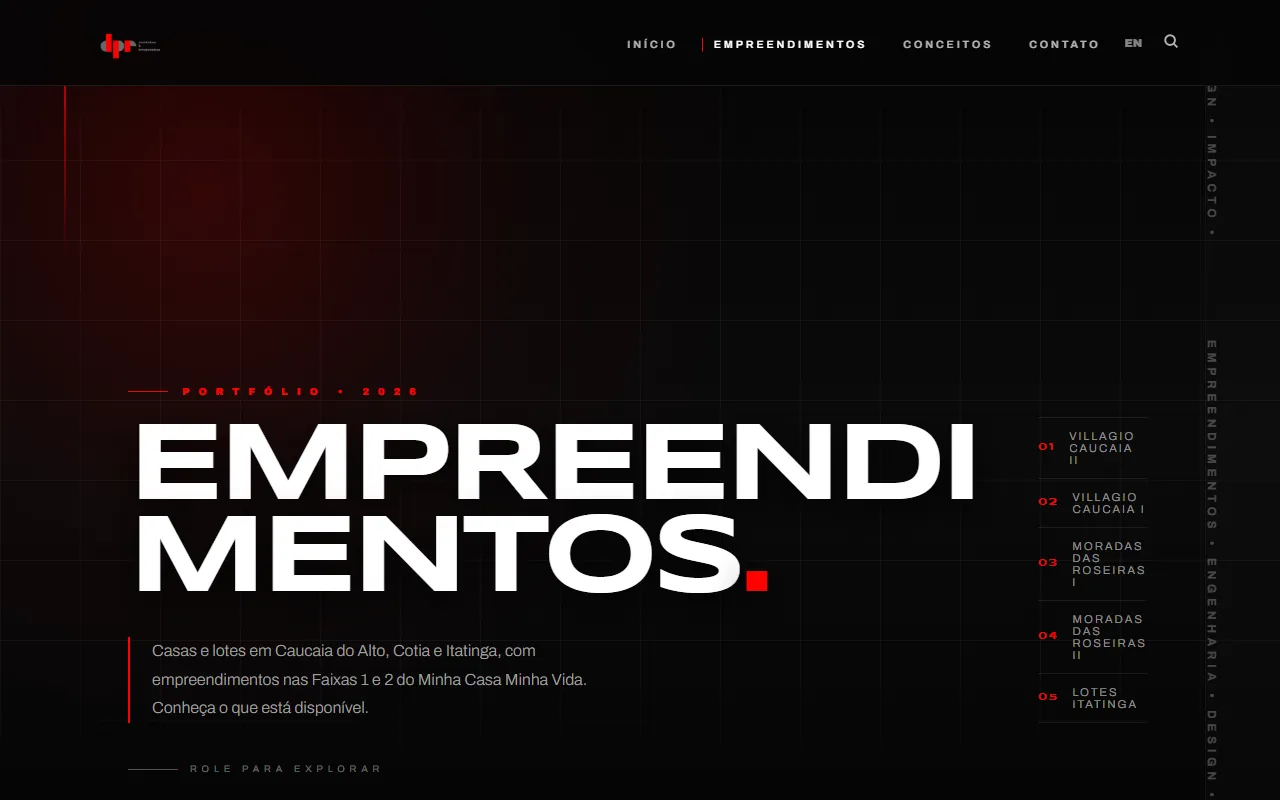 Página de empreendimentos, com o índice numerado dos cinco projetos