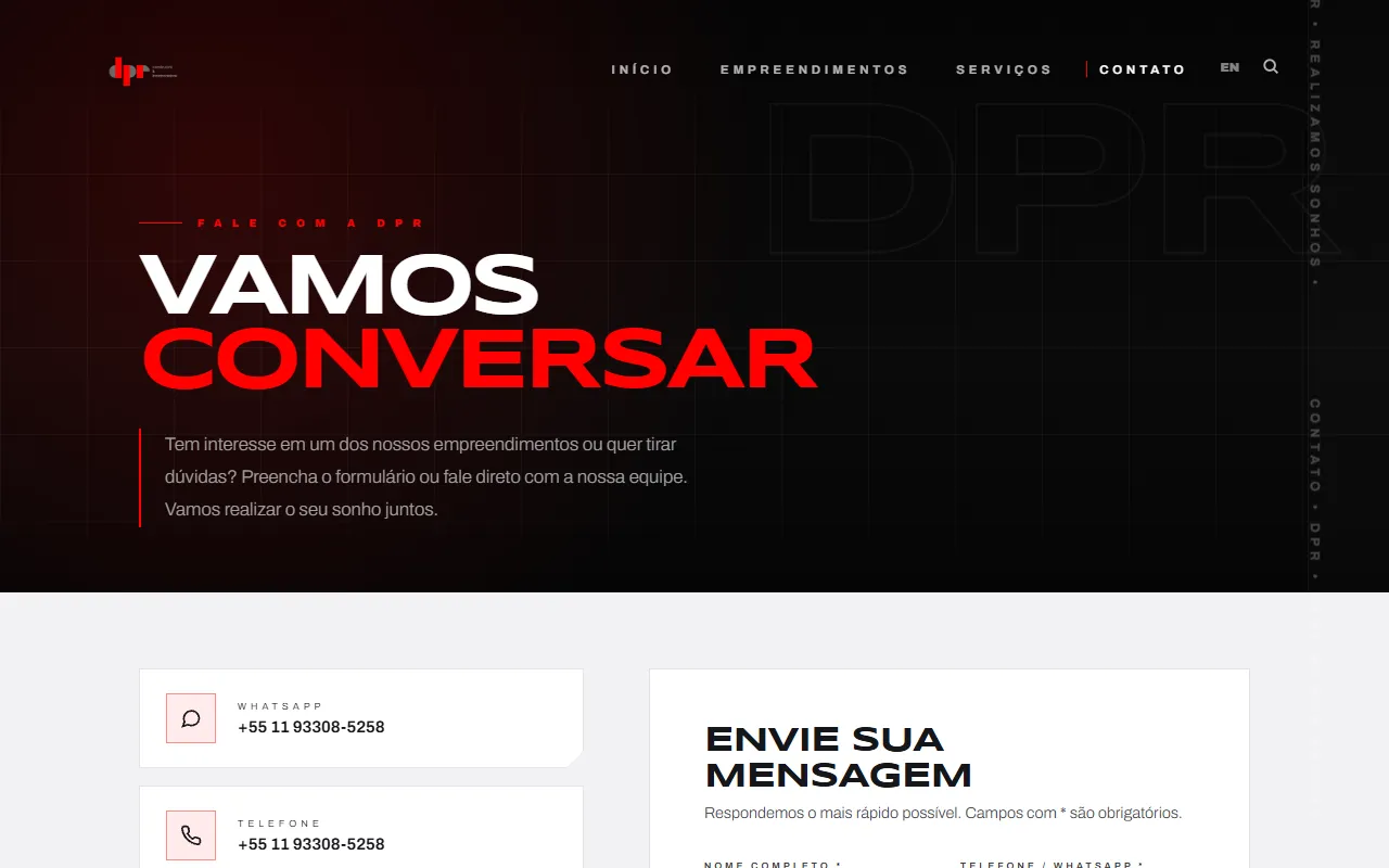 Página de contato, com formulário e canais de atendimento