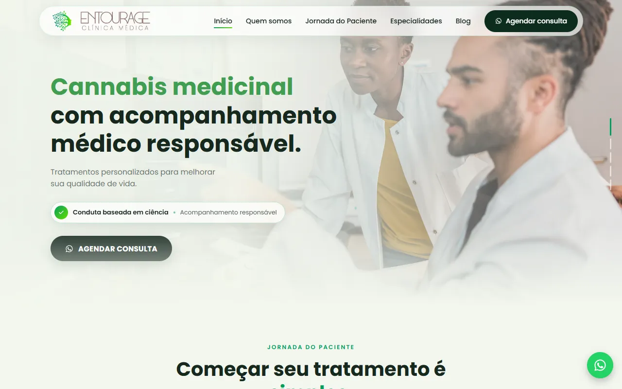 Tela inicial do site da Clínica Entourage, sobre cannabis medicinal com acompanhamento médico