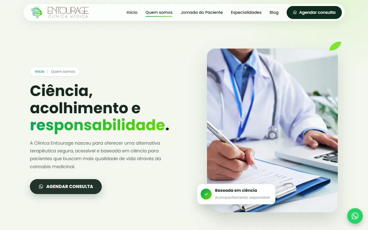 Página Quem somos da clínica, com o título Ciência, acolhimento e responsabilidade
