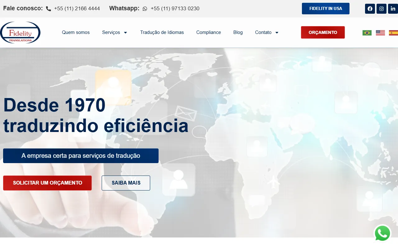 Tela inicial do site da Fidelity, com a frase Desde 1970 traduzindo eficiência