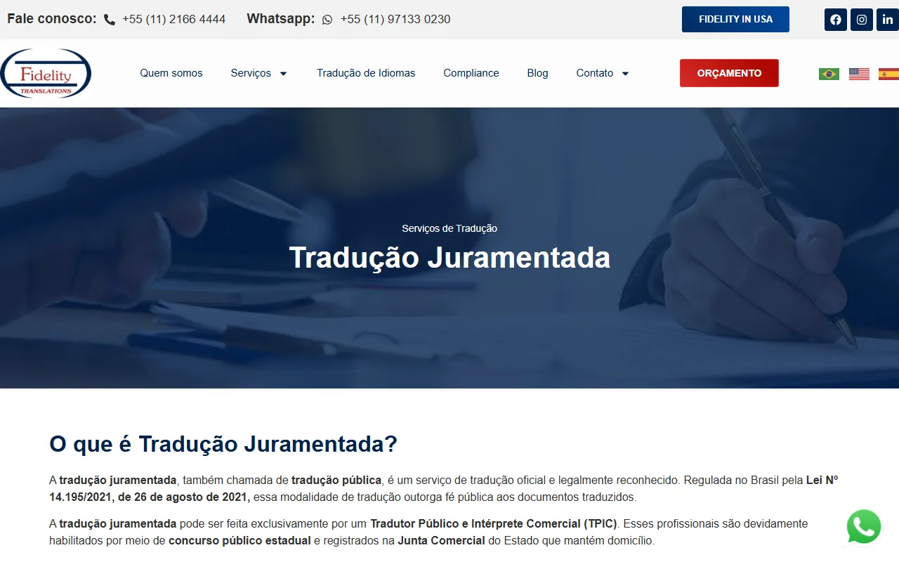 Página do serviço de tradução juramentada