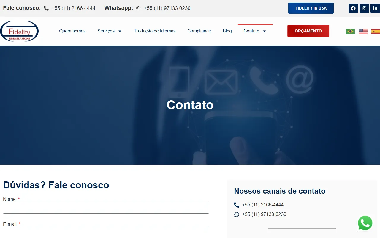 Página de contato da Fidelity