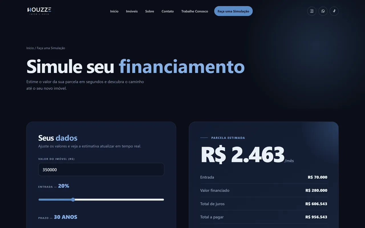 Página de simulação de financiamento