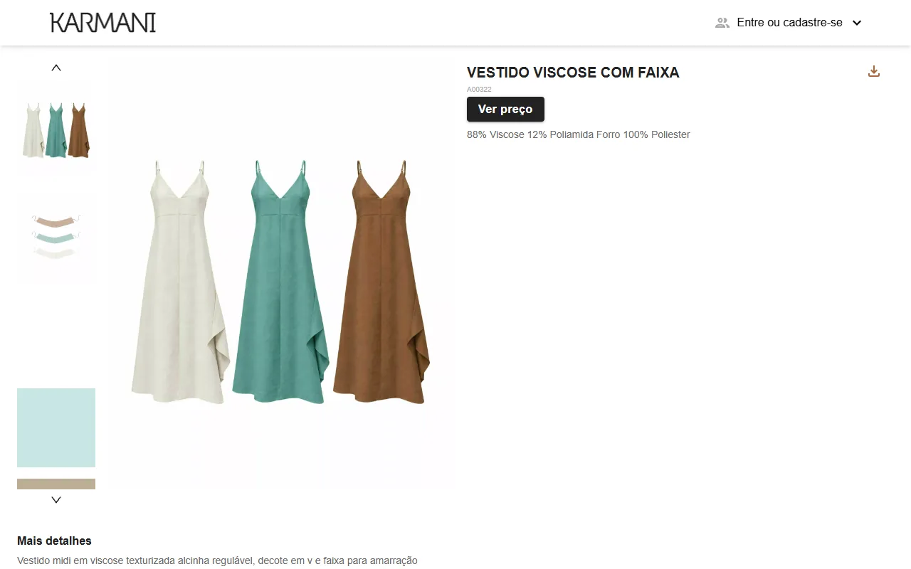 Página de produto de um vestido em três cores, com composição do tecido