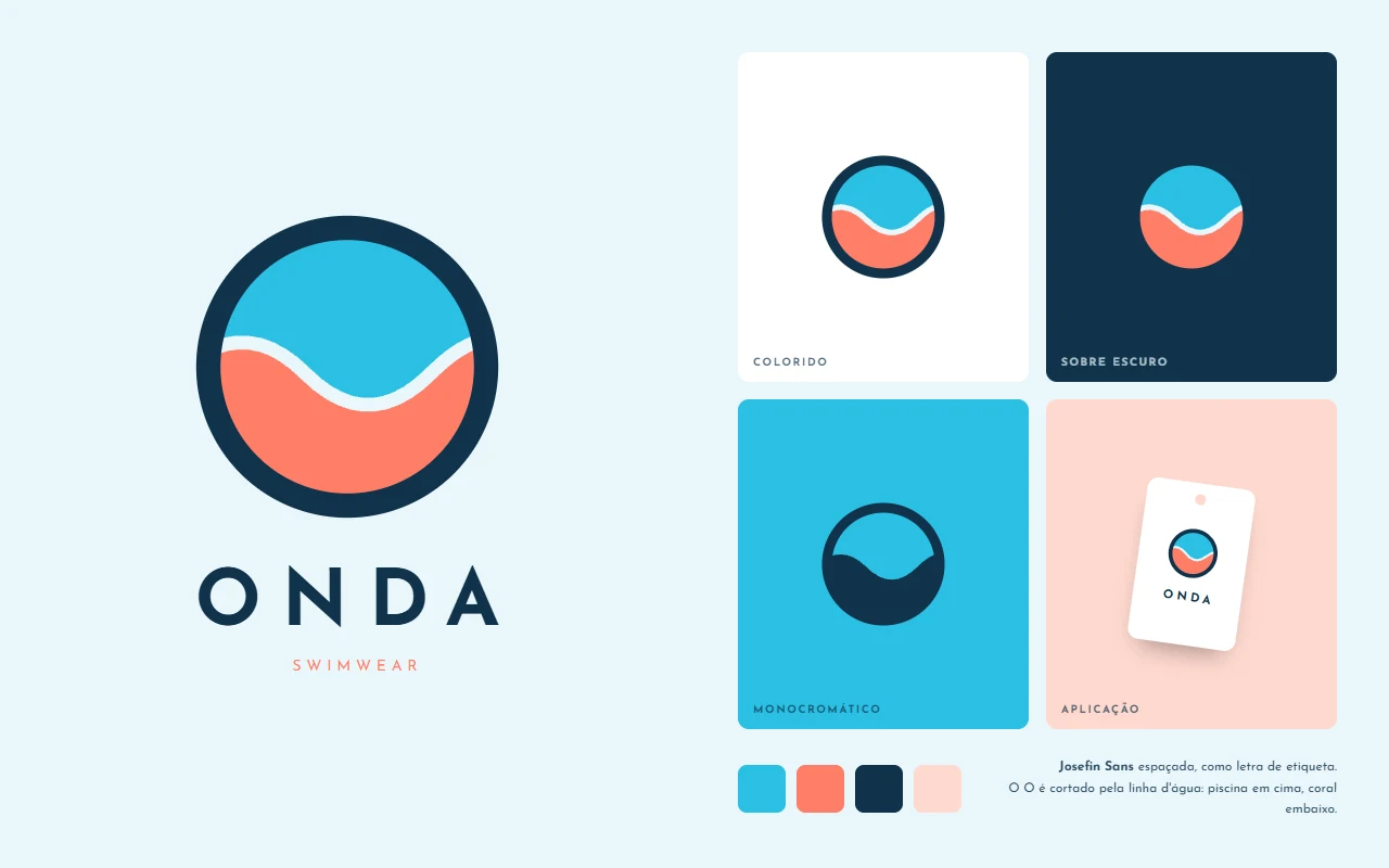 Logo Onda Swimwear: um O cortado por uma linha de onda, azul-piscina em cima e coral embaixo, com as versões colorida, sobre escuro e mono, e a aplicação numa etiqueta