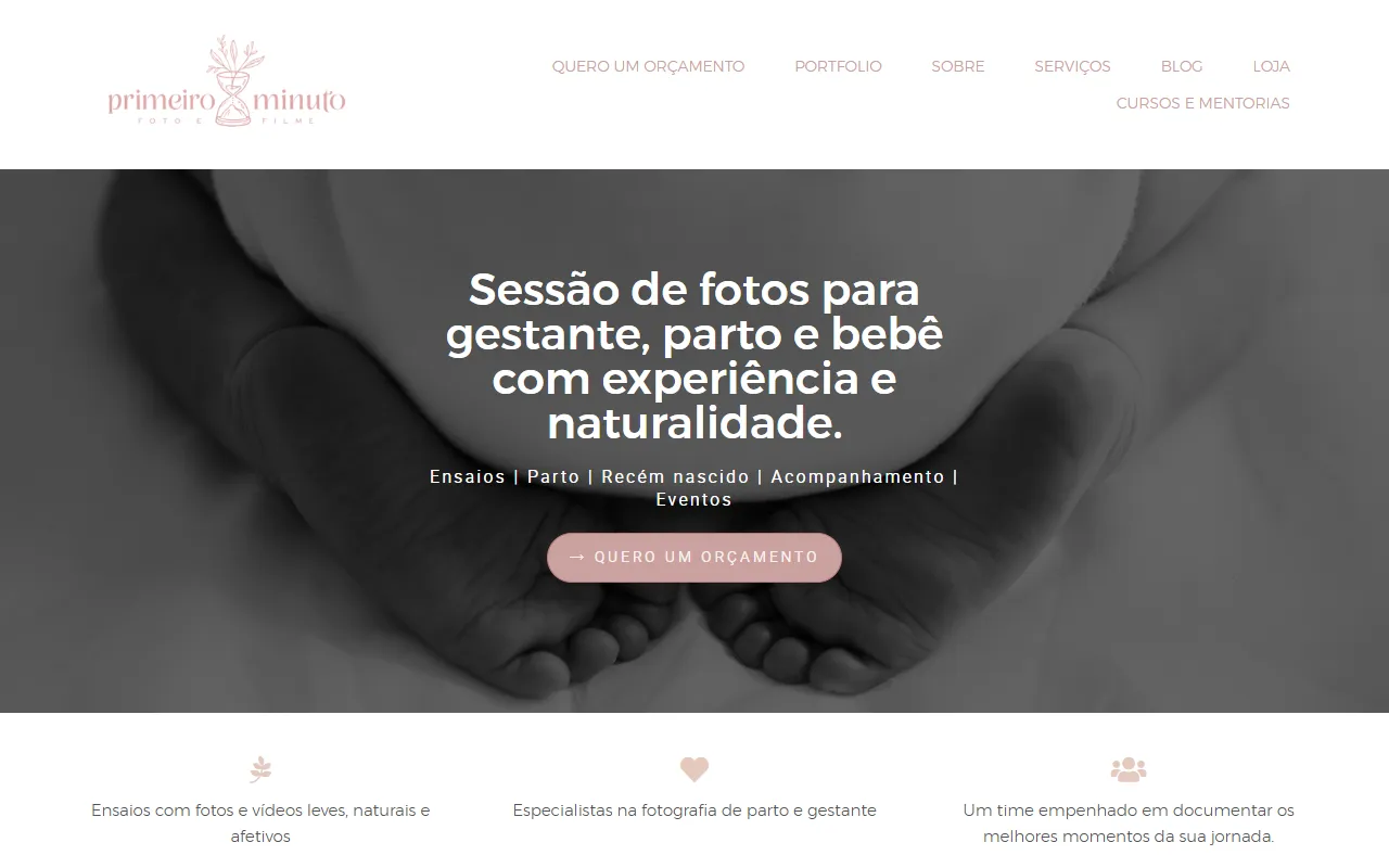 Tela inicial do site da Primeiro Minuto, com os pés de um bebê em preto e branco
